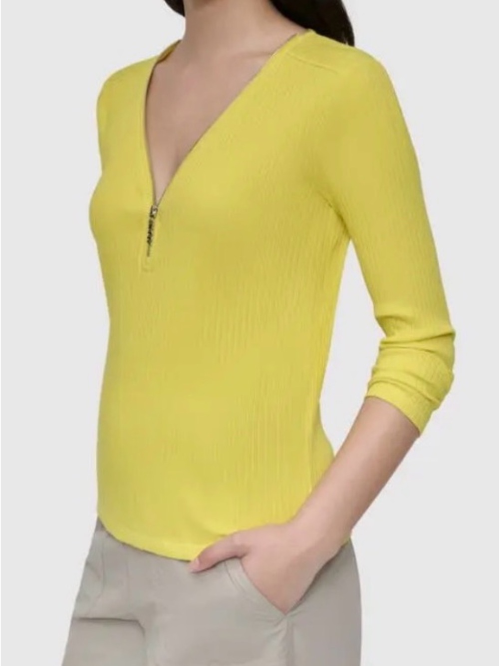 DKNY Ribbed Zip Front Top Lemon Yellow Long Sleeve Size S